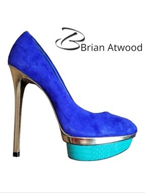 B Brian Atwood Women Fontanne stiletto platform Heel blue suede teal snakeskin 7